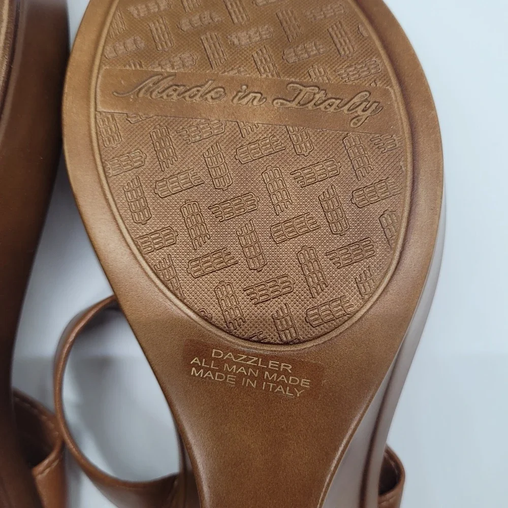Italian Shoe Makers Women SZ 8.5 Brown Wedge Slip Ons Circles of Rhinestones